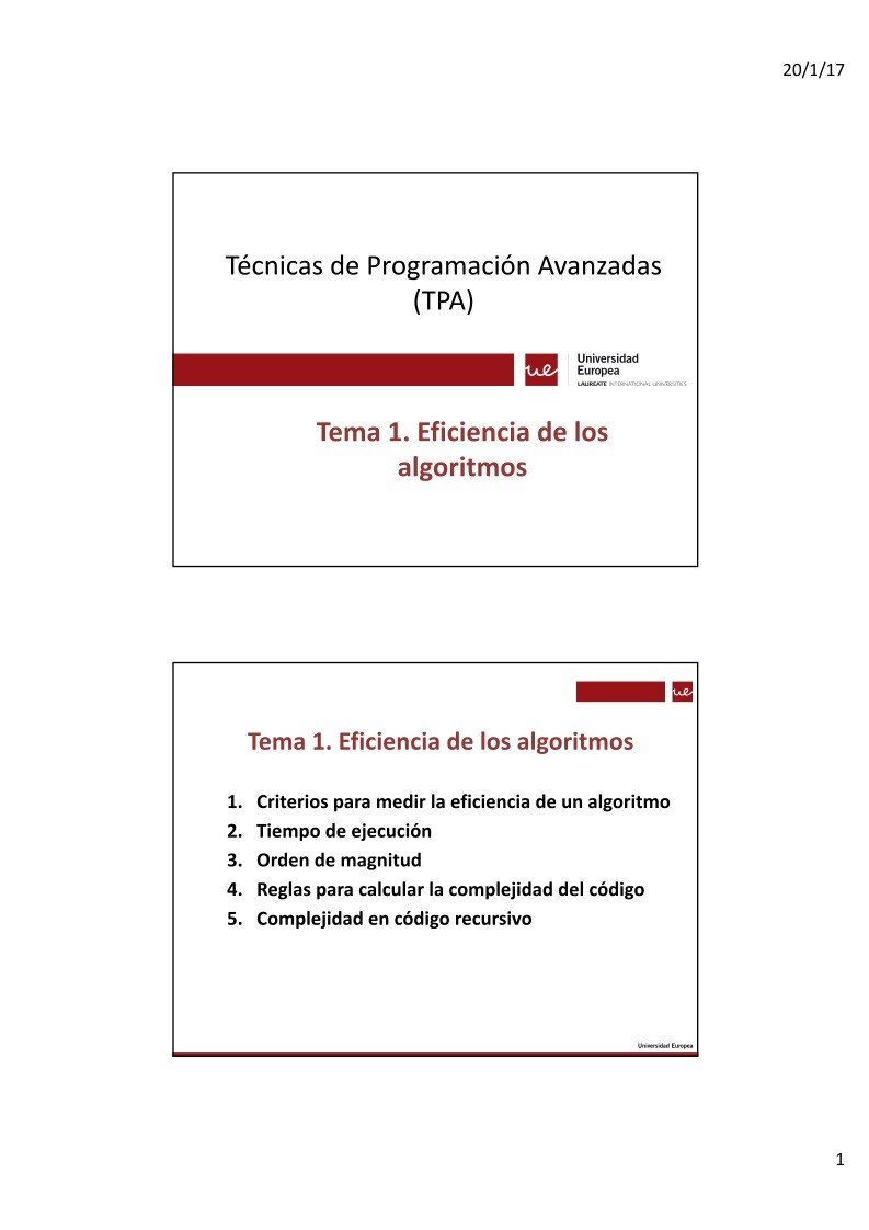 Imágen de pdf Tema 1. Eficiencia de los algoritmos - Técnicas de Programación Avanzadas (TPA)